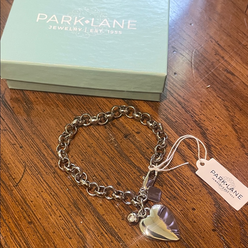 New w/ tags and box Park Lane Silver Heart Charm Bracelet w/ Crystal Accent